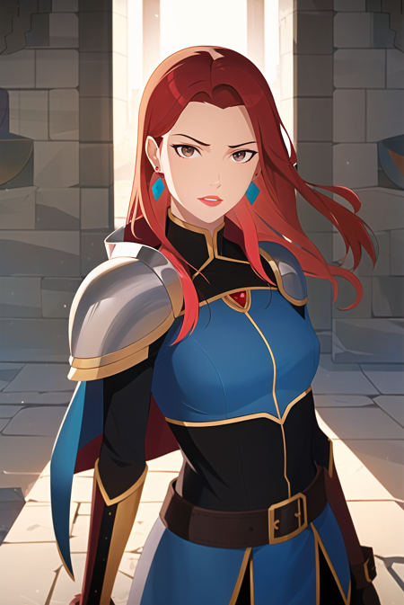 3978522414-1838526654-vox machina style, 1girl, leather armor, ninja, between breasts, red hair, white hair, multicolored hair, brown eyes, breasts, b.png